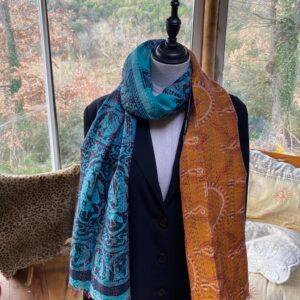 echarpe kantha 100% orange et turquoise 6