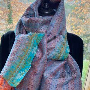echarpe kantha soie orange bleu 4