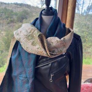 echarpe kantha bleu petrole et beige fleurs 3