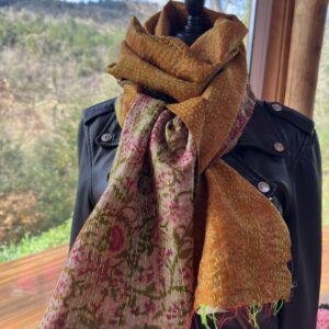 echarpe kantha orange bordeaux et rose fleuri 5